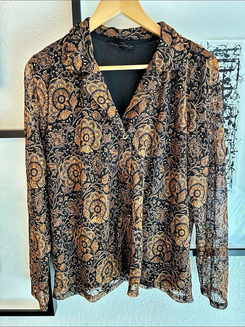 Jane + Delancey Floral Button Down Shirt in Black & Brown Like New L